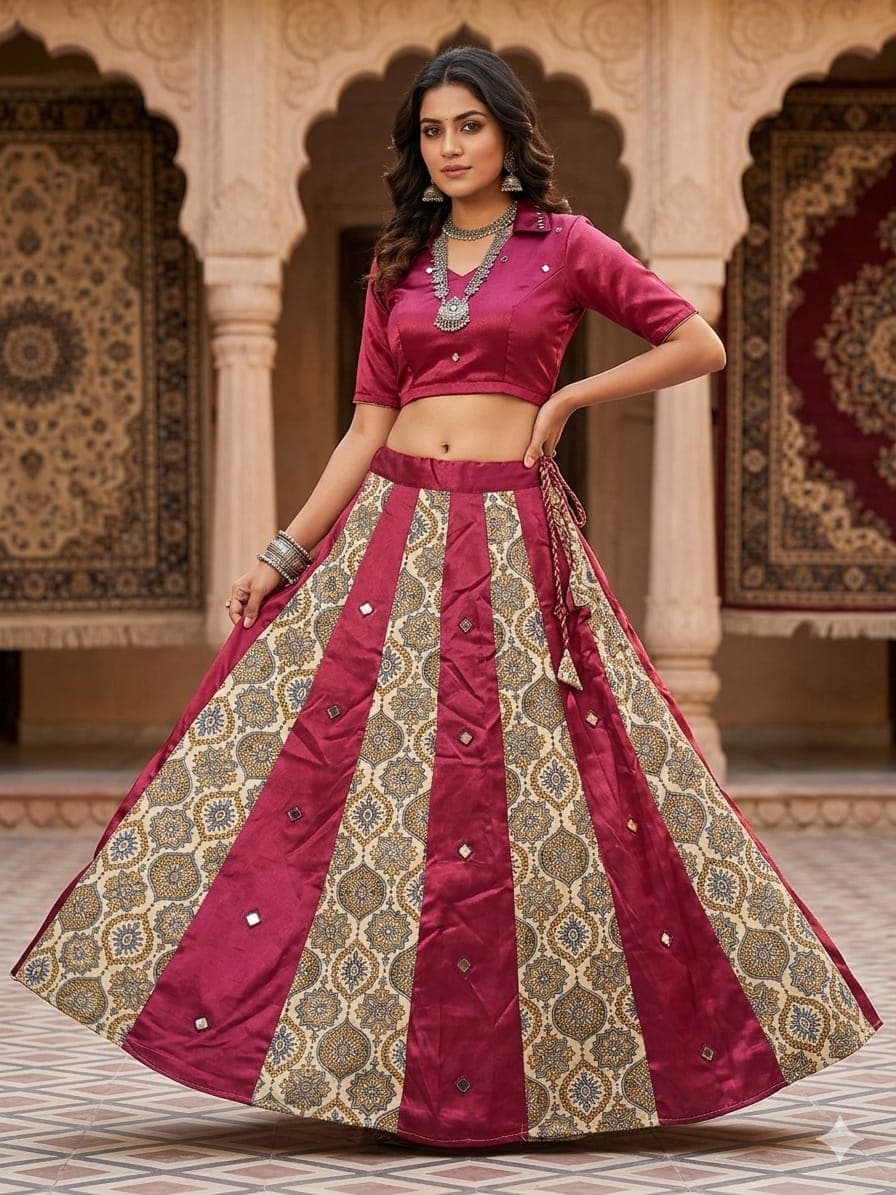 Mashru Plain &amp; Printed Kali Skirt with Mirror Work – Elegant Traditional Flair