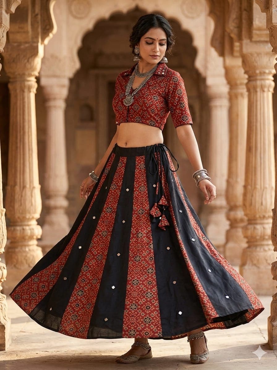 Mashru Plain &amp; Printed Kali Skirt with Mirror Work – Elegant Traditional Flair - Image 3