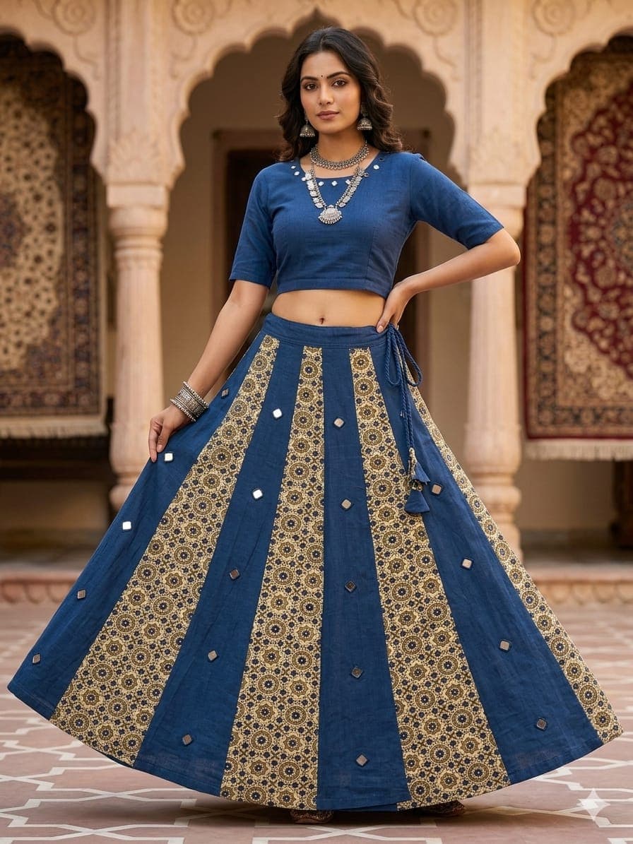 Mashru Plain &amp; Printed Kali Skirt with Mirror Work – Elegant Traditional Flair - Image 2