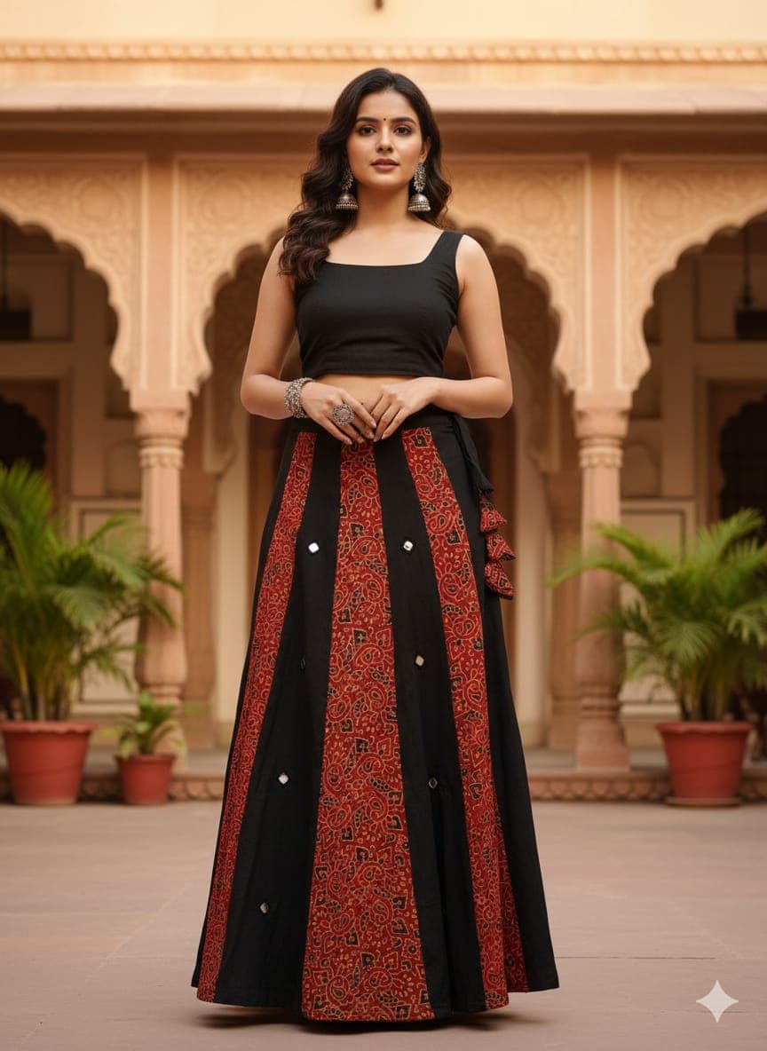 Mashru Plain &amp; Printed Kali Skirt with Mirror Work – Elegant Traditional Flair - Image 4