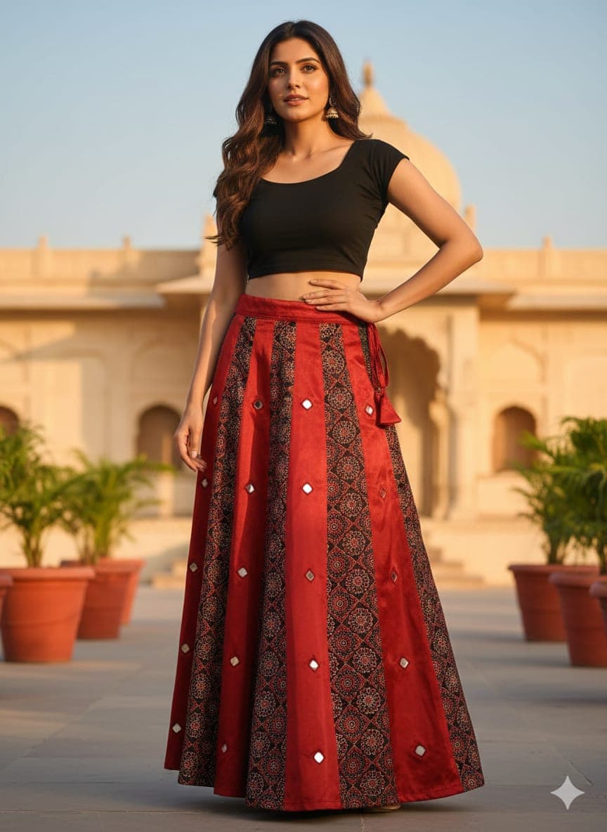 Mashru Plain &amp; Printed Kali Skirt with Mirror Work – Elegant Traditional Flair - Image 6