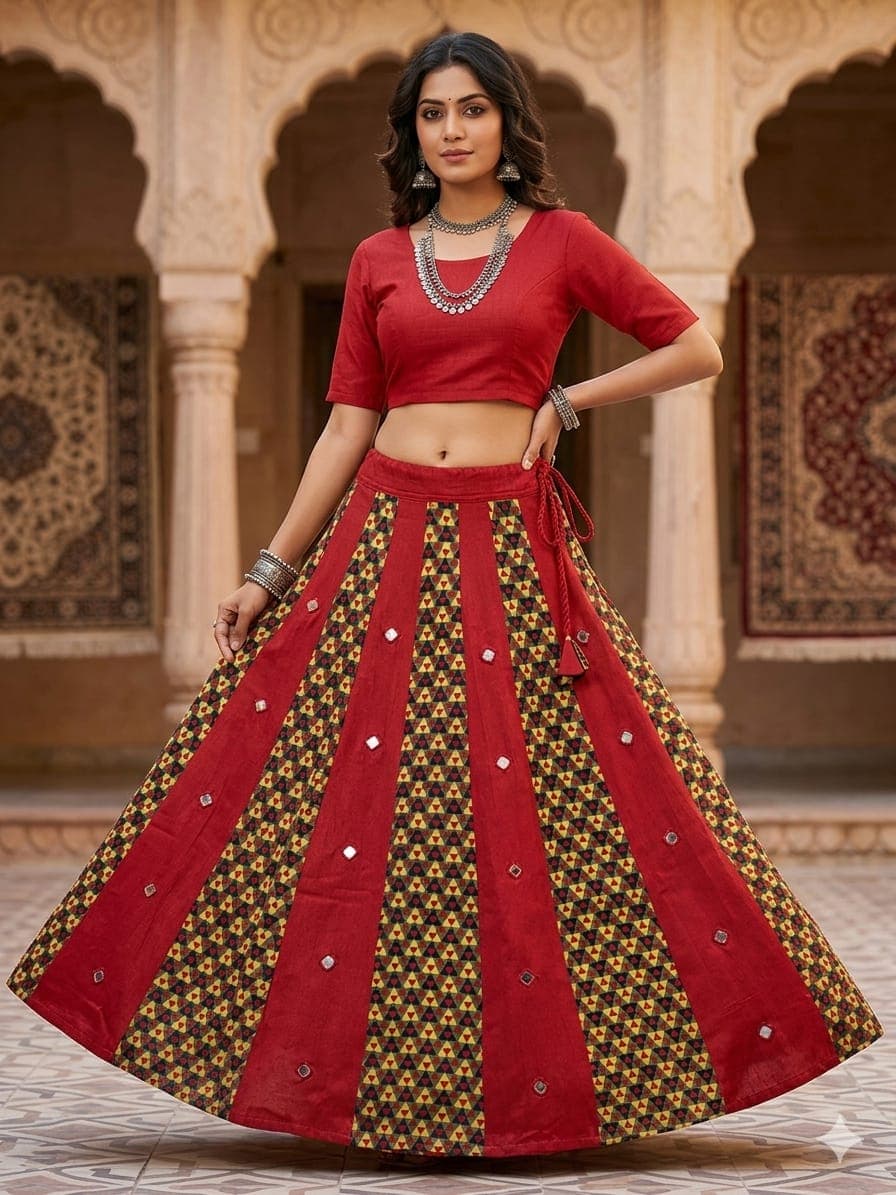 Mashru Plain &amp; Printed Kali Skirt with Mirror Work – Elegant Traditional Flair - Image 5