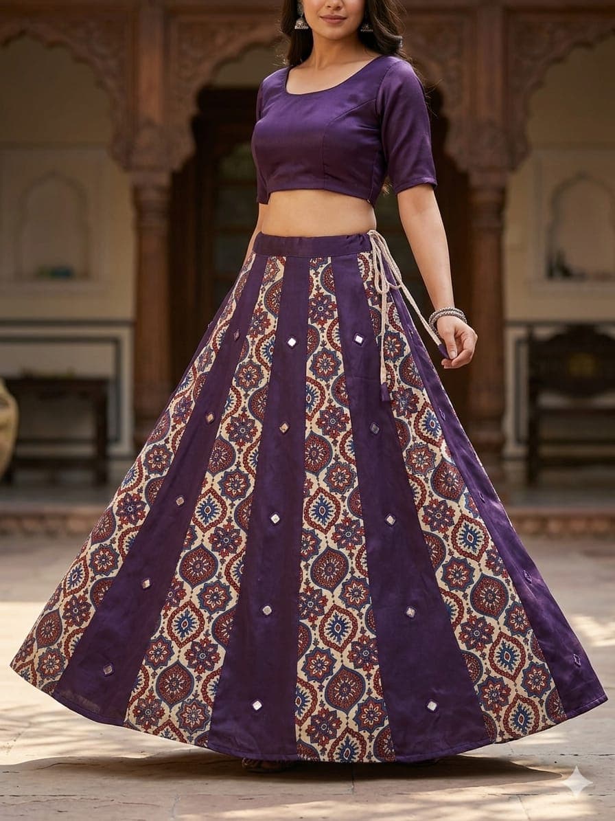 Mashru Plain &amp; Printed Kali Skirt with Mirror Work – Elegant Traditional Flair - Image 7