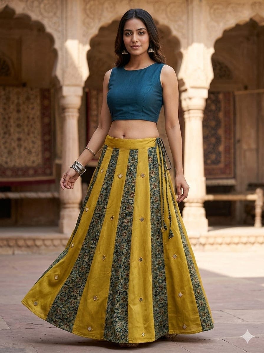 Mashru Plain &amp; Printed Kali Skirt with Mirror Work – Elegant Traditional Flair - Image 8