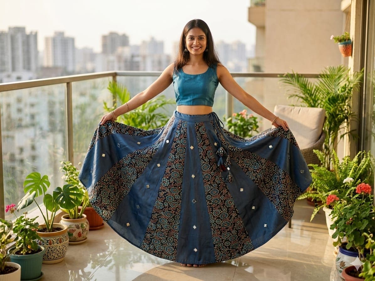 Mashru Plain &amp; Printed Kali Skirt with Mirror Work – Elegant Traditional Flair - Image 9