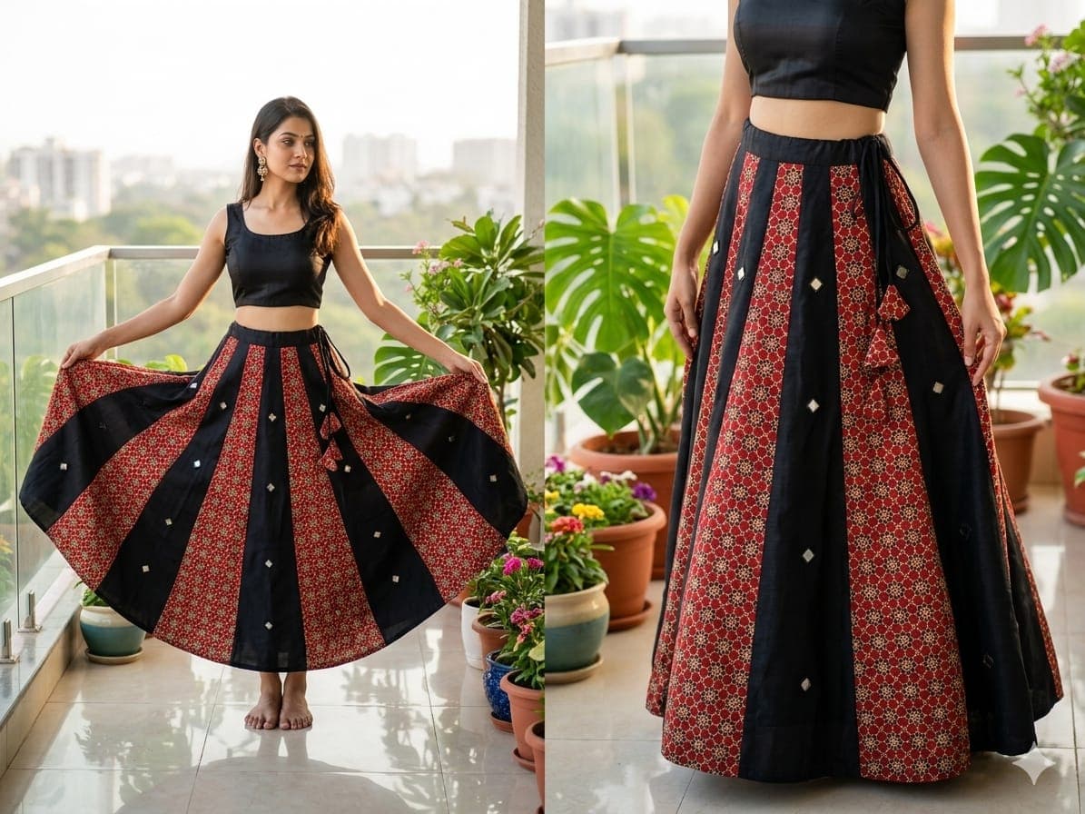 Mashru Plain &amp; Printed Kali Skirt with Mirror Work – Elegant Traditional Flair - Image 10