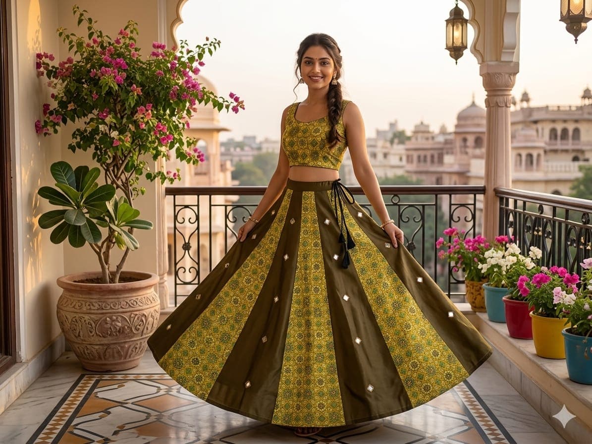 Mashru Plain &amp; Printed Kali Skirt with Mirror Work – Elegant Traditional Flair - Image 11