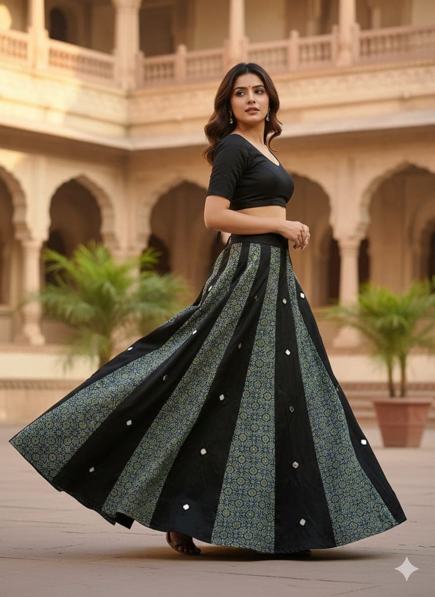 Mashru Plain &amp; Printed Kali Skirt with Mirror Work – Elegant Traditional Flair - Image 12