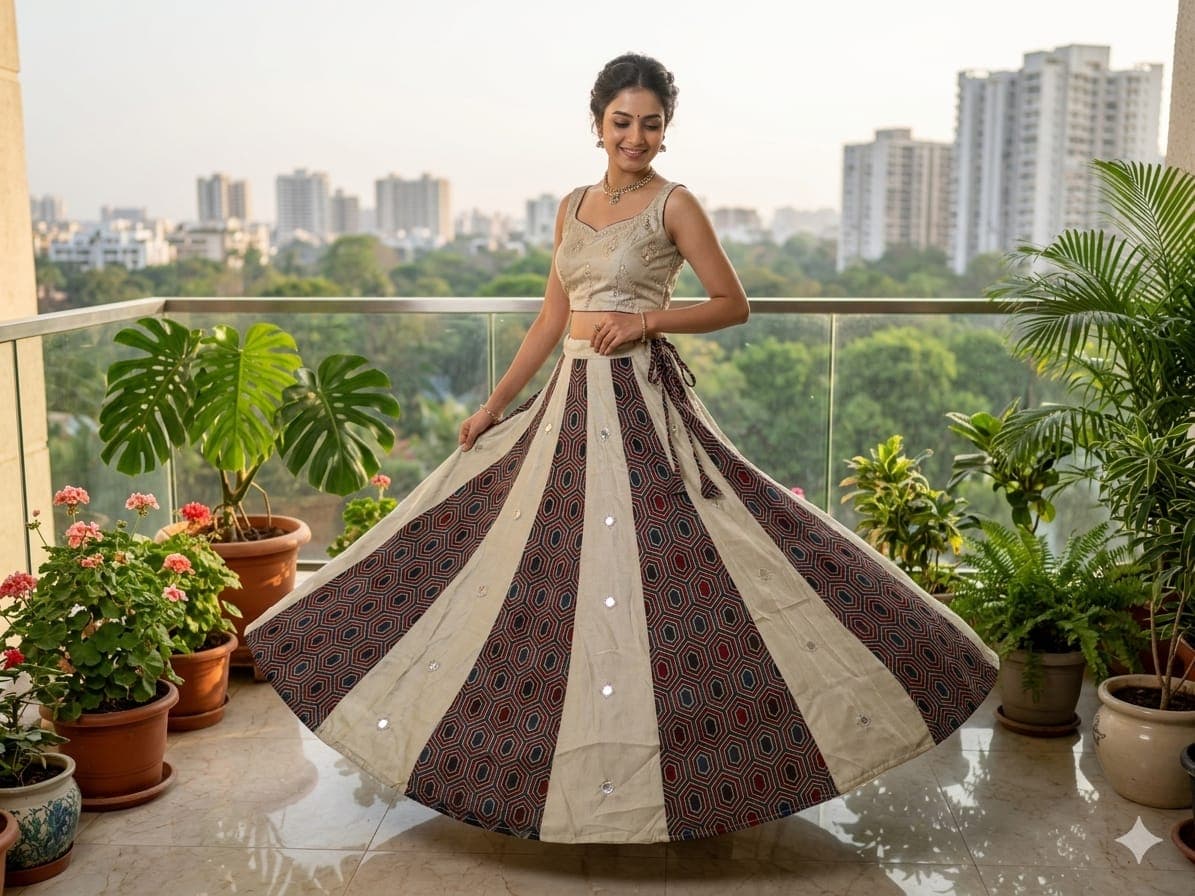 Mashru Plain &amp; Printed Kali Skirt with Mirror Work – Elegant Traditional Flair - Image 13