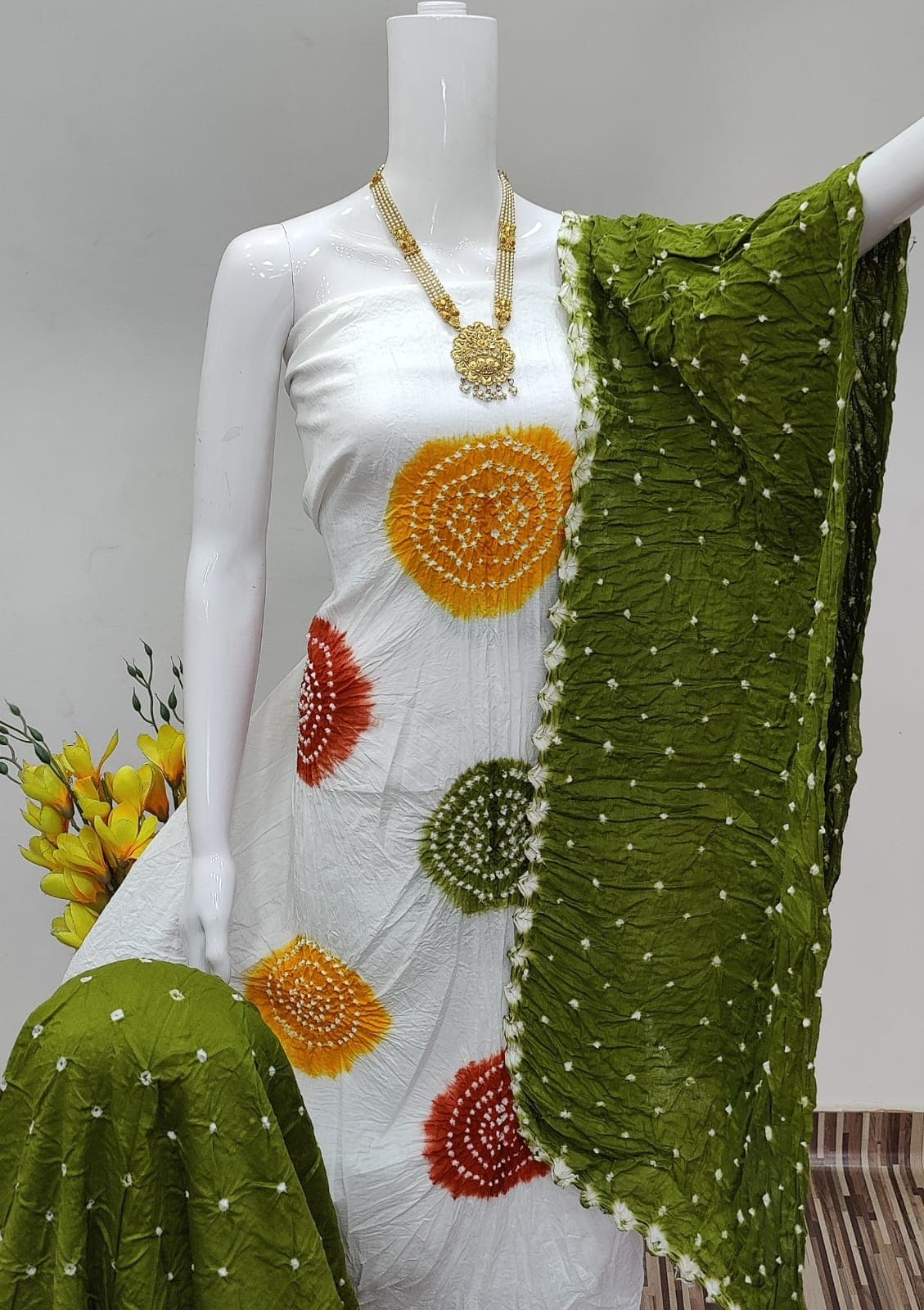 Exclusive Cotton Satin Bandhej Dress Material Set - Image 2