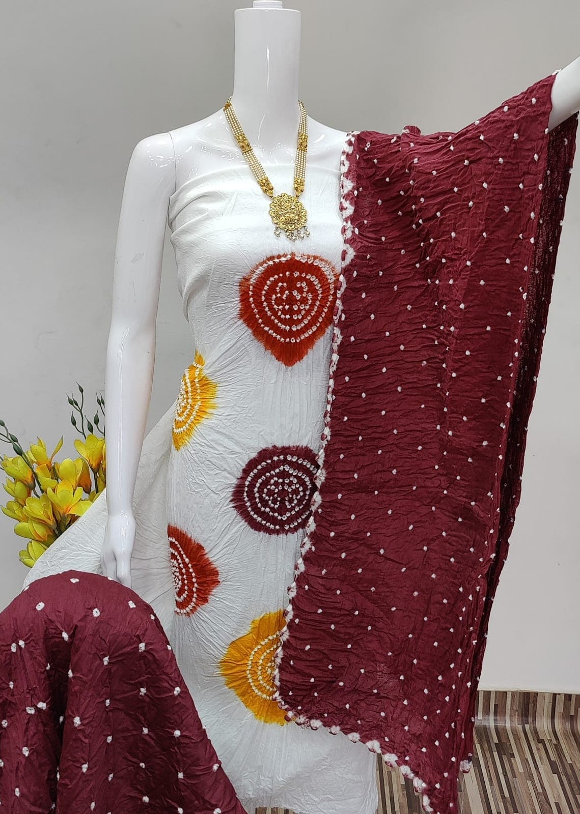 Exclusive Cotton Satin Bandhej Dress Material Set - Image 3