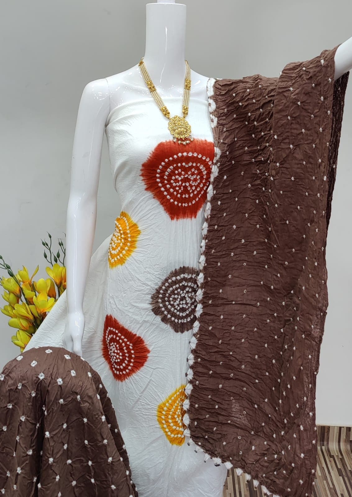 Exclusive Cotton Satin Bandhej Dress Material Set - Image 4