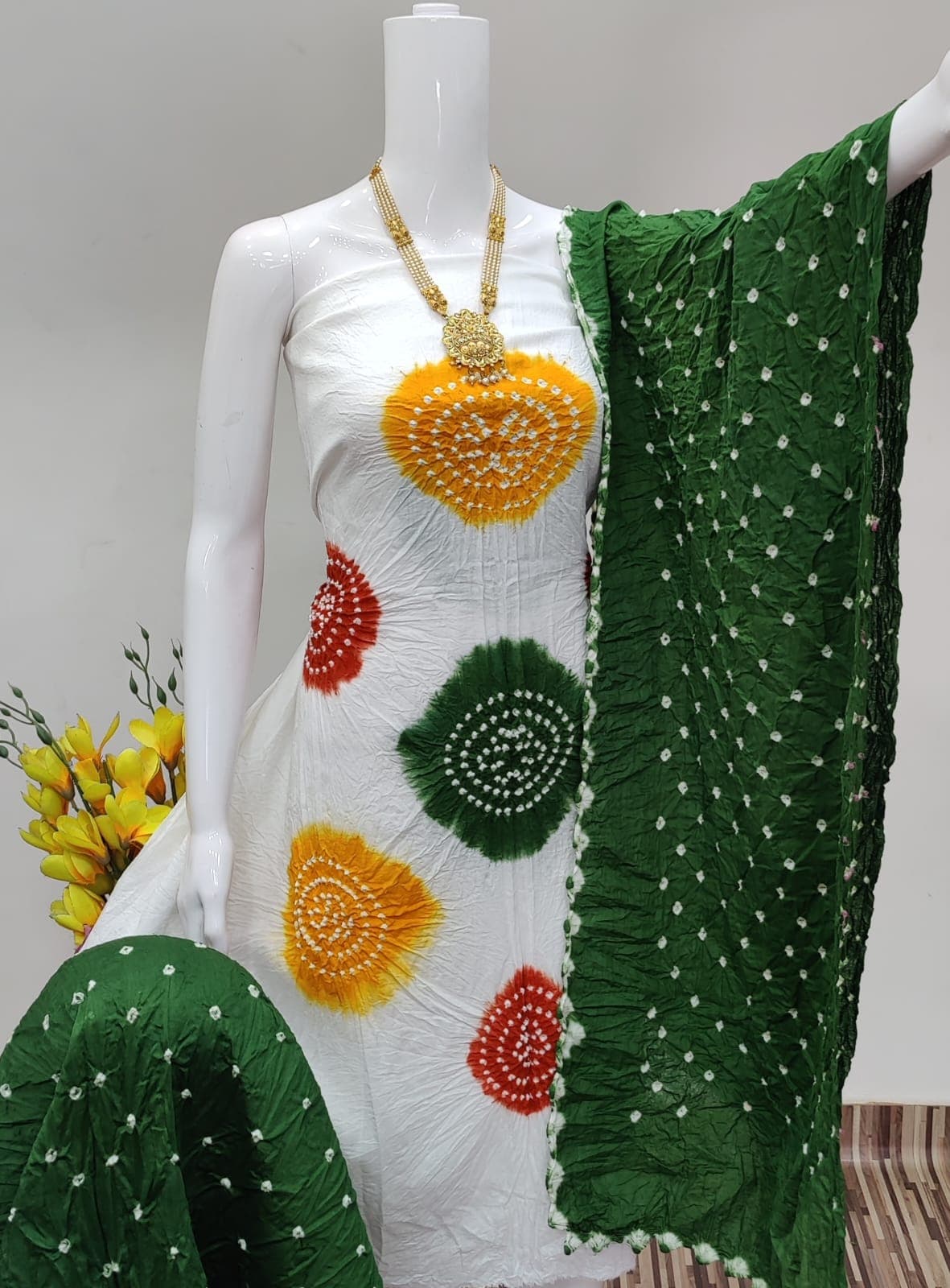 Exclusive Cotton Satin Bandhej Dress Material Set - Image 10