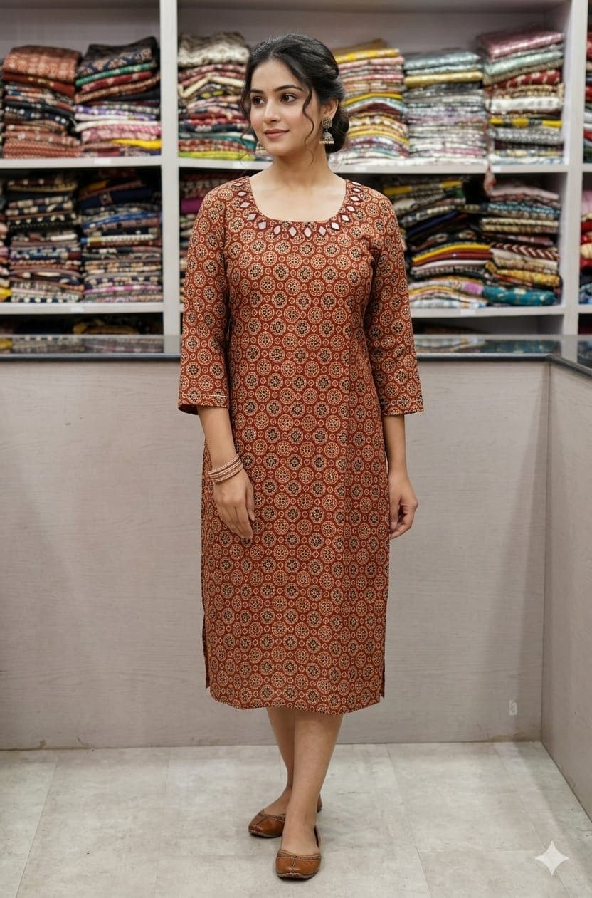 Long Straight Ajrakh Kurti with Mirror Work - Image 6