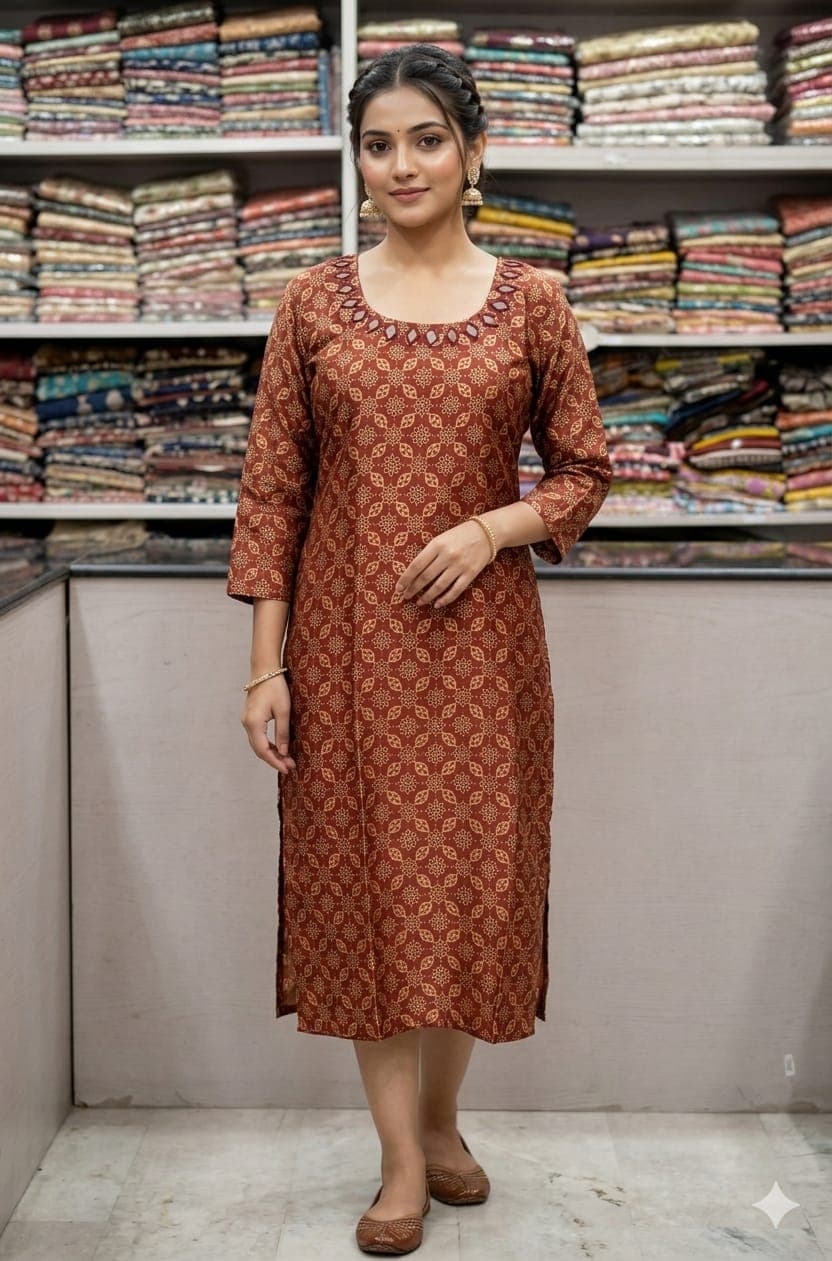 Long Straight Ajrakh Kurti with Mirror Work - Image 5