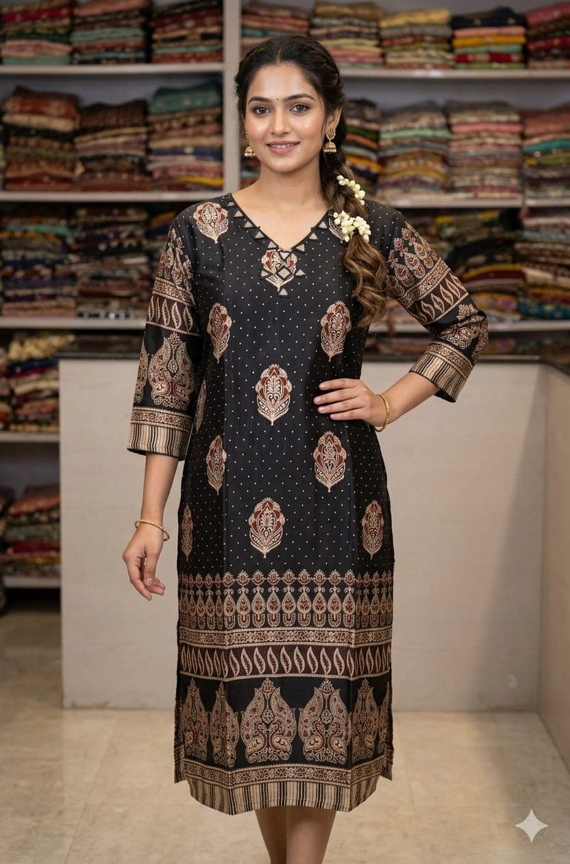 Long Straight Ajrakh Kurti with Mirror Work - Image 3