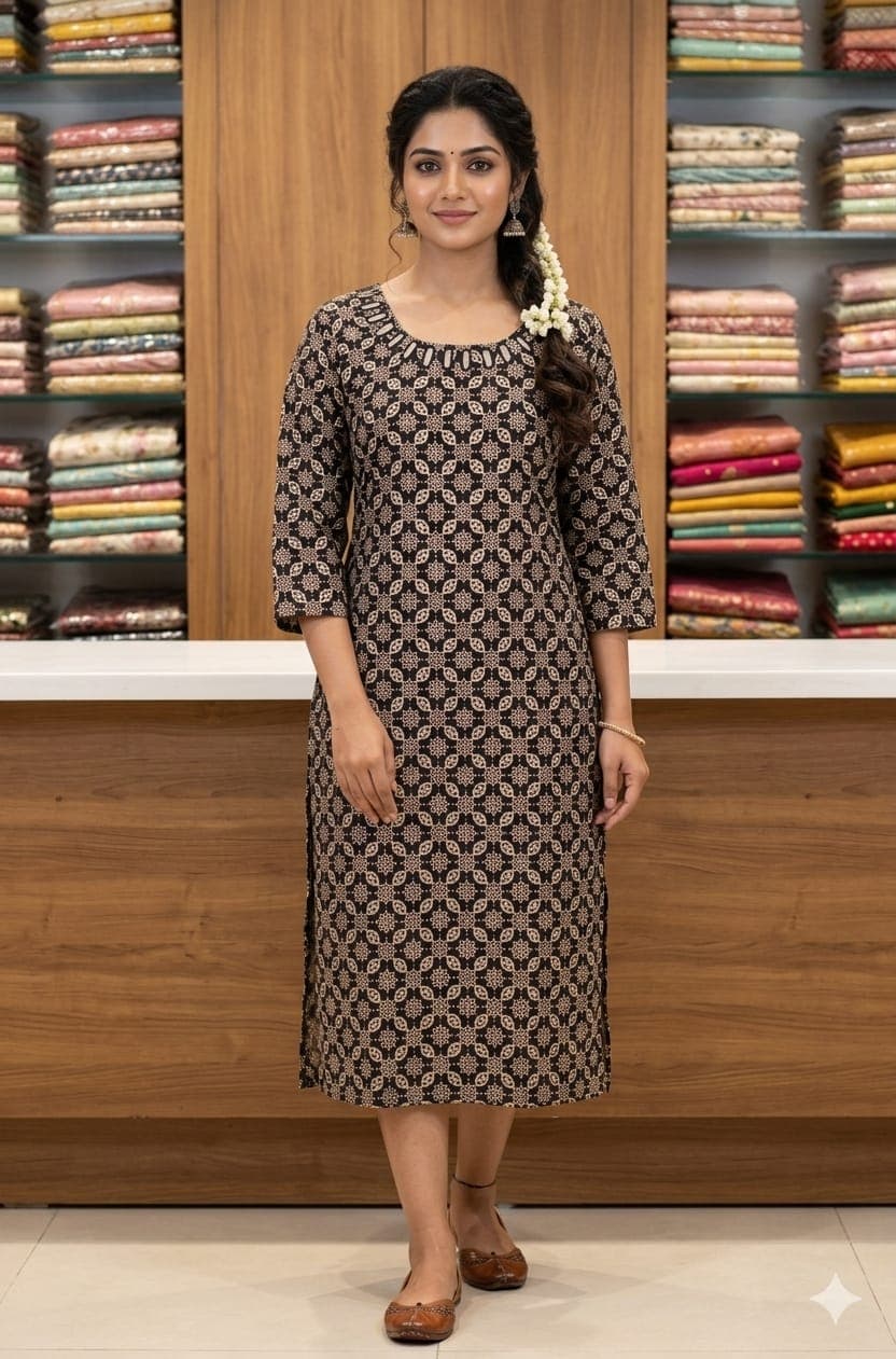 Long Straight Ajrakh Kurti with Mirror Work - Image 2